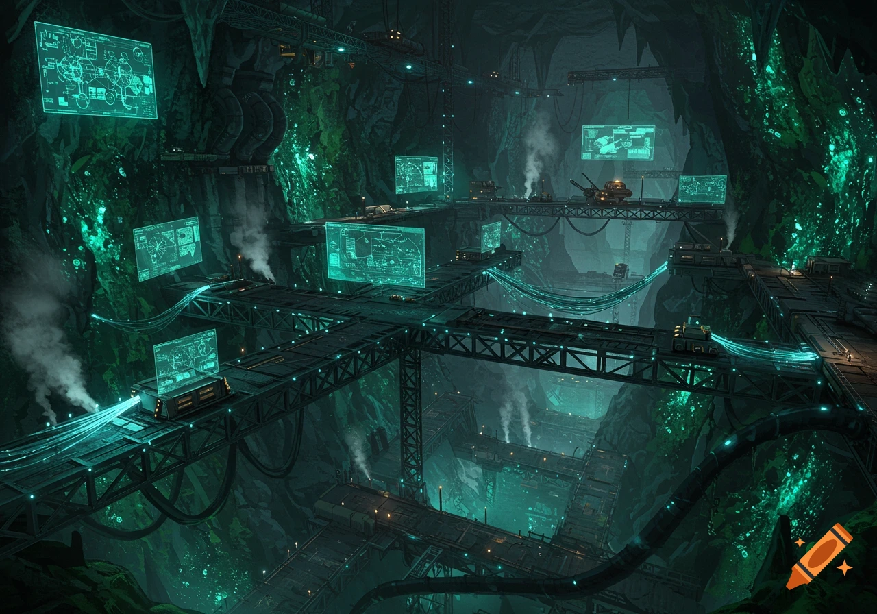 A dark, atmospheric sci-fi underground cave lair with multiple levels of industrial platforms, glowing green screens, and machinery emitting steam.
