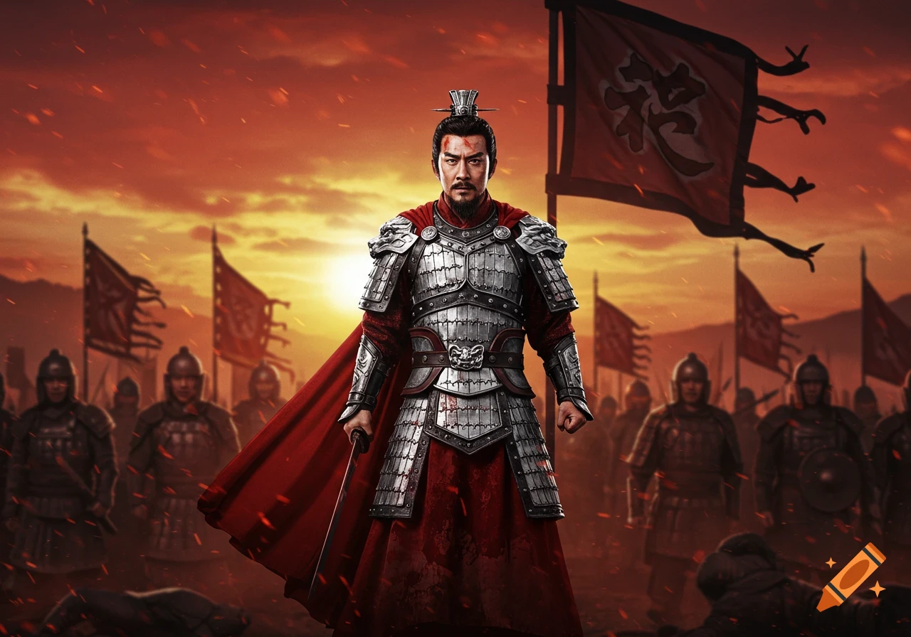 A majestic Chinese warrior in silver armor and a red cape stands on a battlefield with soldiers and flags under a fiery red sky.