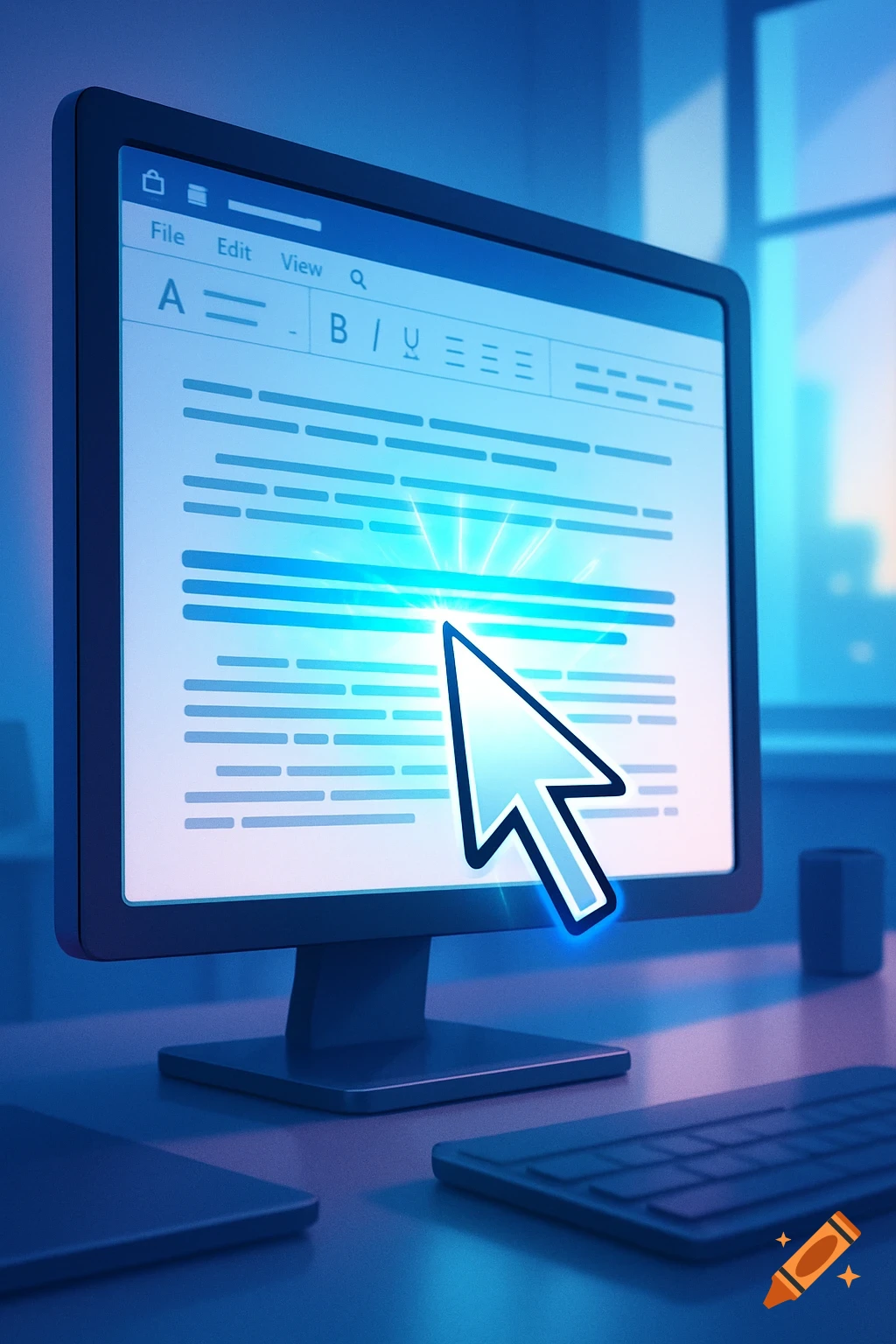 A computer monitor displays text editing software with a glowing blue mouse cursor highlighting text.