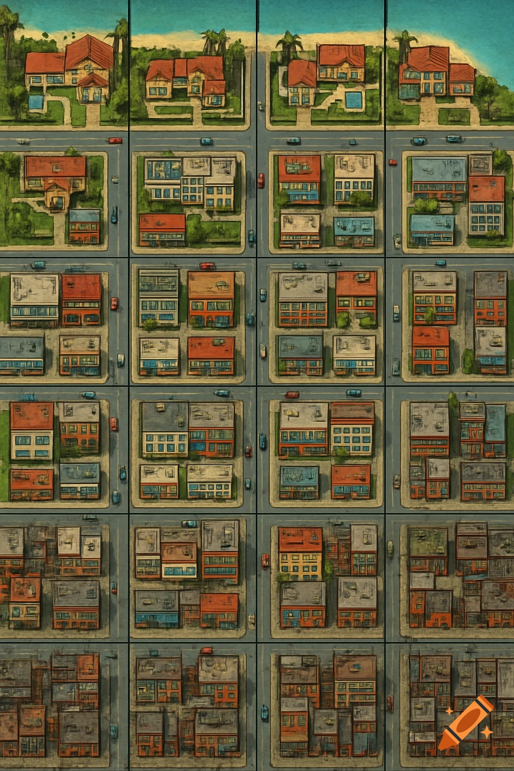 A stylized top-down city map in a retro game art style, showing rich coastal neighborhoods in the north and densely packed poorer areas in the south.