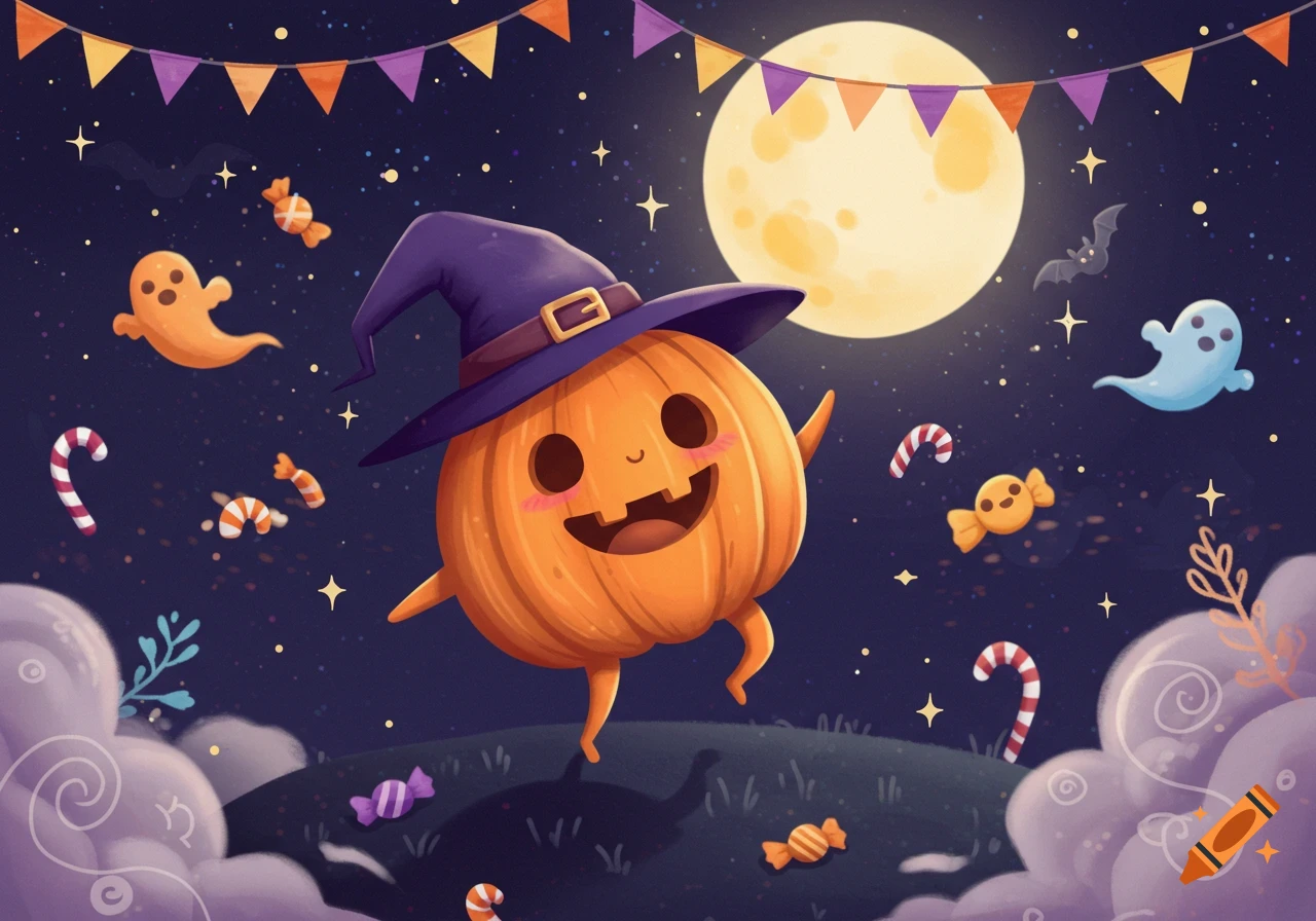 Cute cartoon pumpkin in a witch hat dancing under a full moon with ghosts, bats, and candy in a whimsical Halloween illustration.