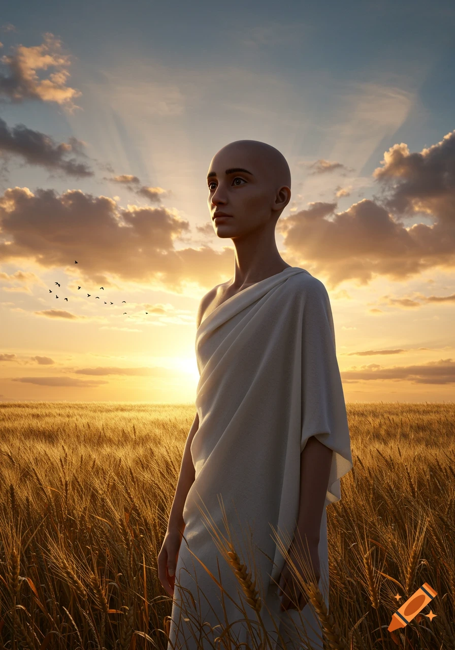 A photorealistic image of a bald person in white cloth standing in a golden wheat field at sunset, looking towards the horizon.