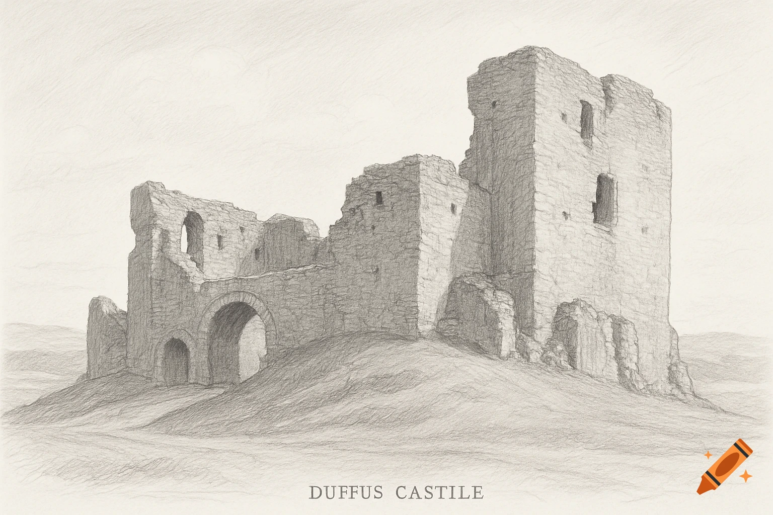 Pencil sketch of the ruined Duffus Castle, with crumbling stone walls and arches, set on a small hill.