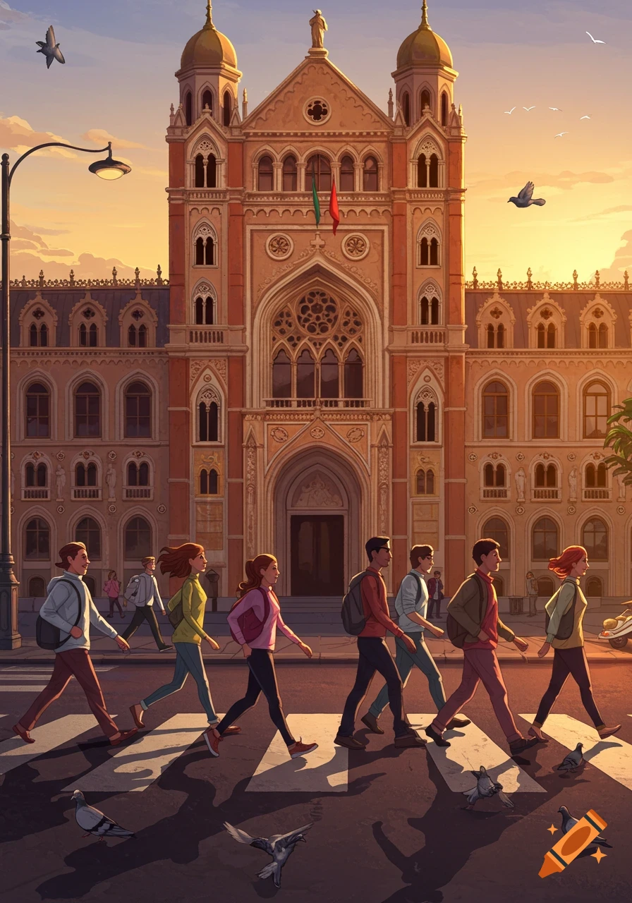 Illustrative scene of people crossing a street in front of a grand, ornate building at sunset.