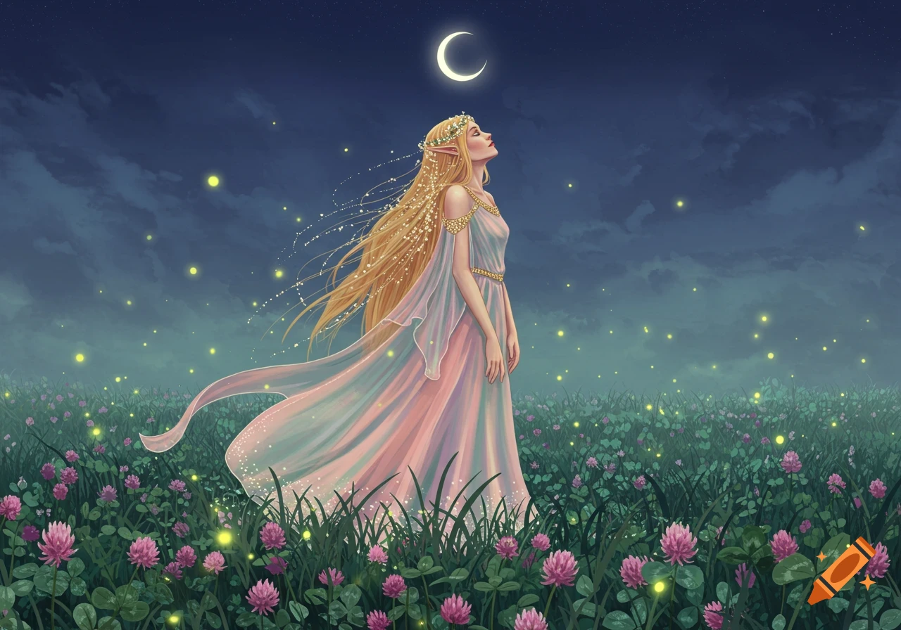 A beautiful elf woman with long blonde hair stands in a magical moonlit field of clover and fireflies, looking up at a crescent moon.