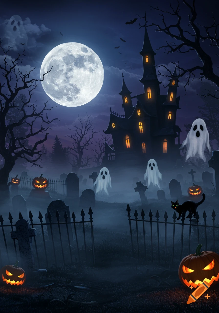 A full moon illuminates a spooky haunted house and graveyard with ghosts, glowing jack-o'-lanterns, and a black cat on a fence.