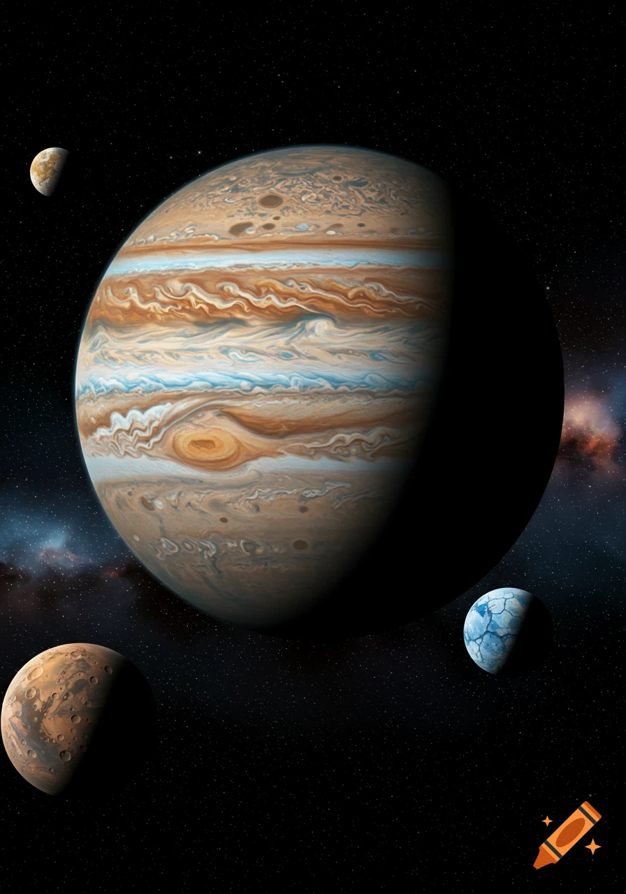 Photorealistic image of Jupiter with colorful swirling bands and its Great Red Spot, surrounded by several moons in deep space.