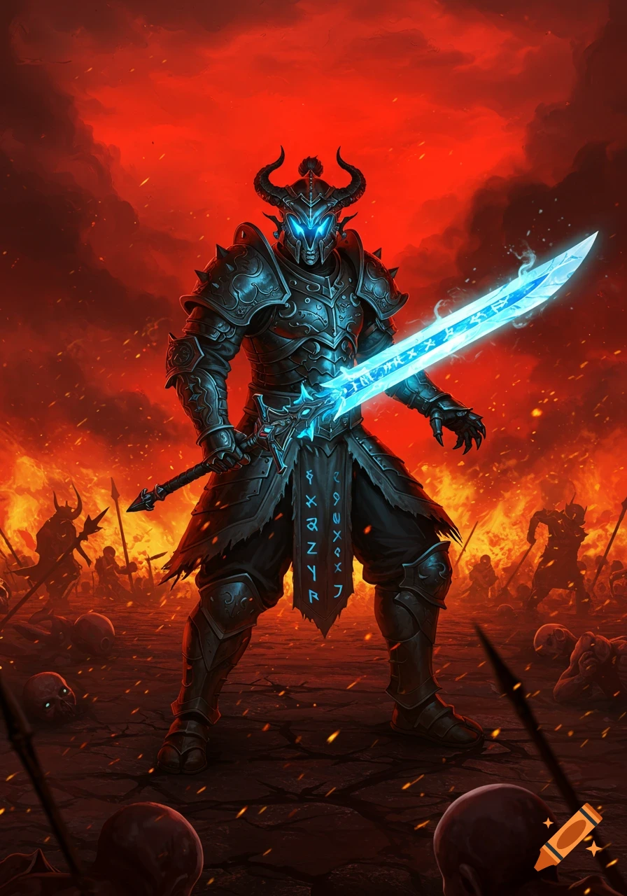 Heavily armored warrior with glowing blue sword stands on a fiery battlefield with fallen foes, dark fantasy style.