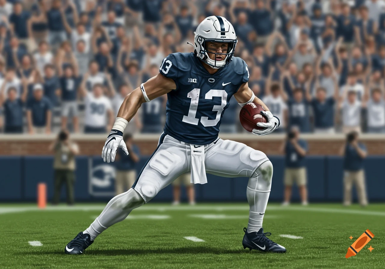 A Penn State football player wearing number 13 runs with a football in a stadium.