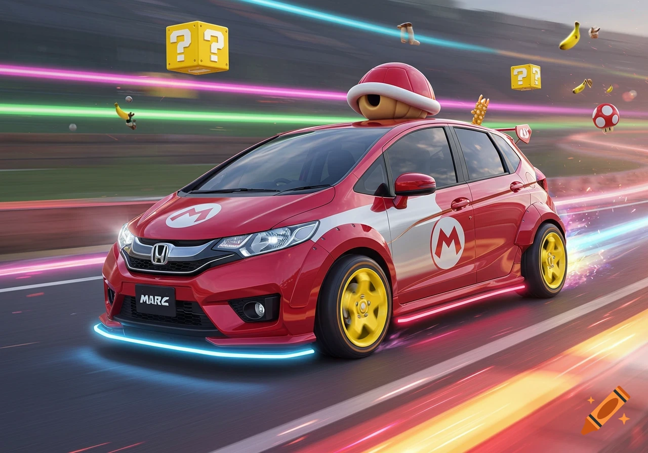 A red Honda Fit car customized like a Mario Kart vehicle on a race track with floating game items.