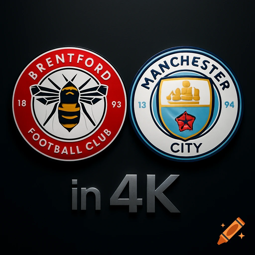3D rendered badges of Brentford FC and Manchester City FC with 'in 4K' text.