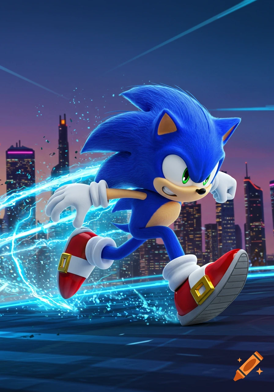 Sonic the Hedgehog runs through a city at night, leaving a trail of blue lightning.