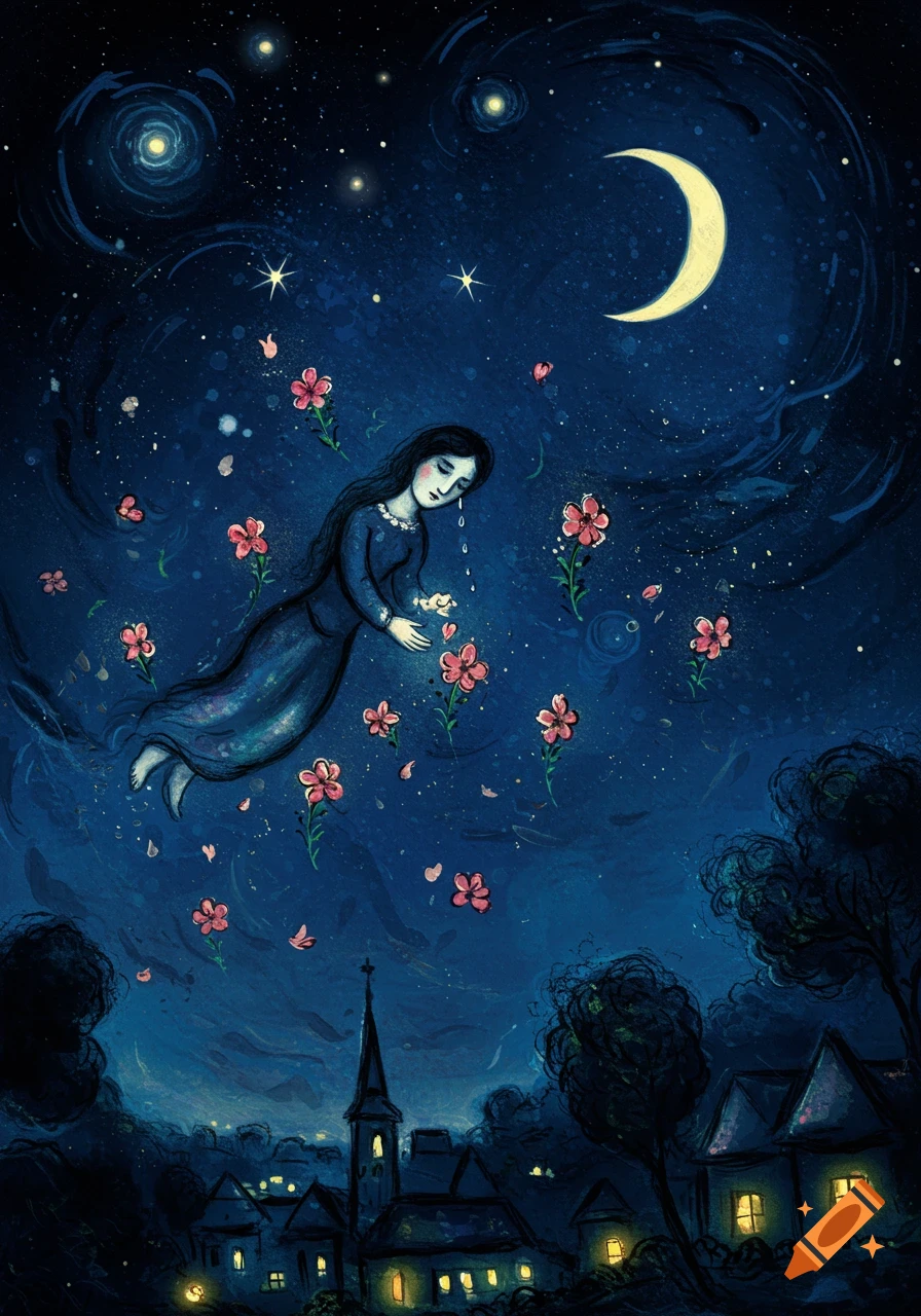 A crying woman in a blue dress floats among pink flowers in a starry night sky above a village with a crescent moon, in an illustrative style.