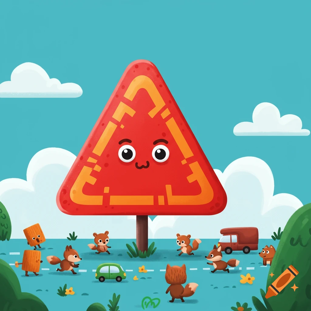 A vibrant cartoon illustration showing a large, smiling red warning triangle on a road with small running foxes and cars.