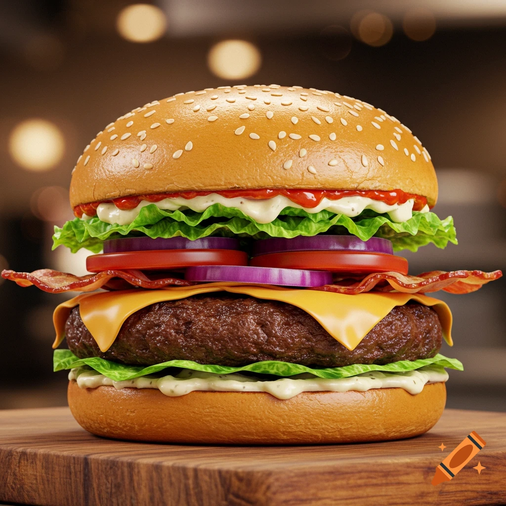 A photorealistic close-up of a delicious burger with a patty, cheese, bacon, lettuce, tomato, and onion on a sesame bun on a wooden board.