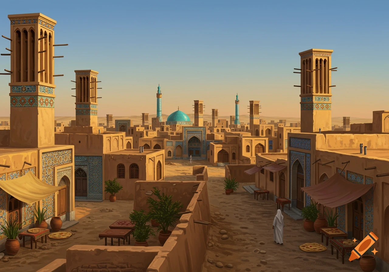 An ancient desert city featuring traditional adobe buildings, windcatchers, turquoise-domed mosques, and robed figures.