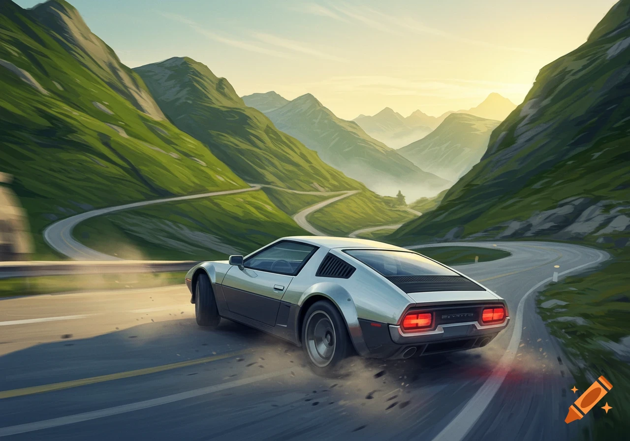A stylized silver sports car speeds down a winding mountain road at sunset.