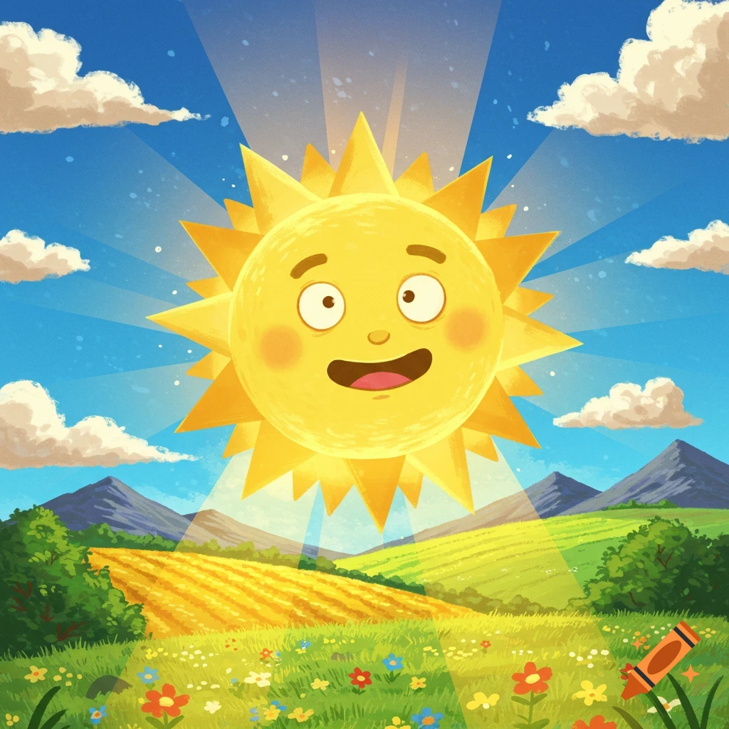 A smiling, cartoon sun with bright rays shines over a colorful landscape of green fields, yellow crops, mountains, and wildflowers under a blue sky.