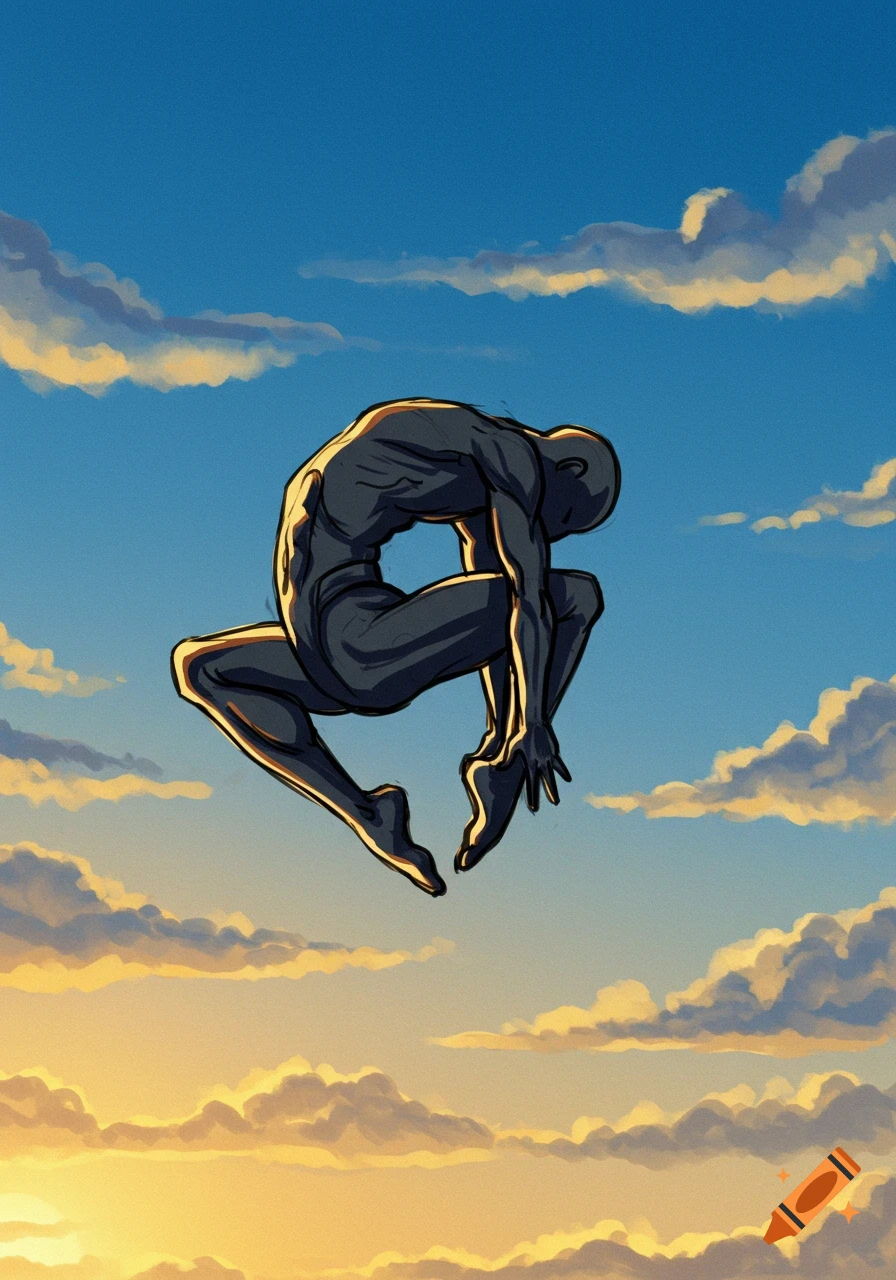 Stylized dark human figure in a dynamic falling pose against a blue and orange cloudy sky.