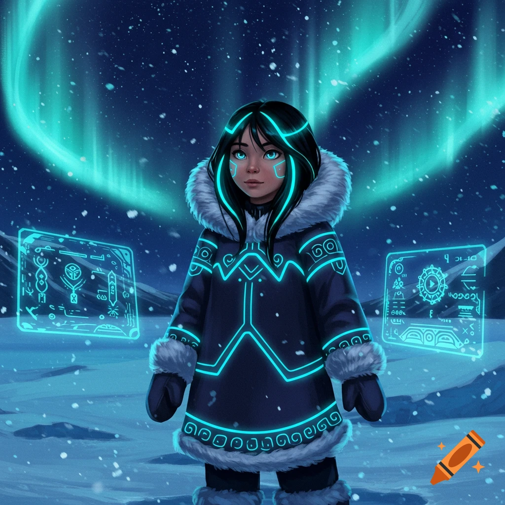A futuristic Inuit girl with glowing blue patterns on her face and coat, standing in a snowy landscape under the aurora borealis with holographic screens, digital art.