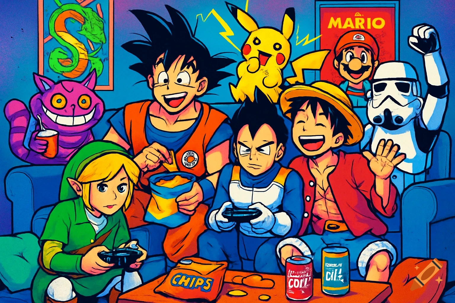 Anime and video game characters like Goku, Vegeta, Link, Luffy, Pikachu, Cheshire Cat, and a Stormtrooper playing video games and eating snacks in a living room, in a colorful pop art style.