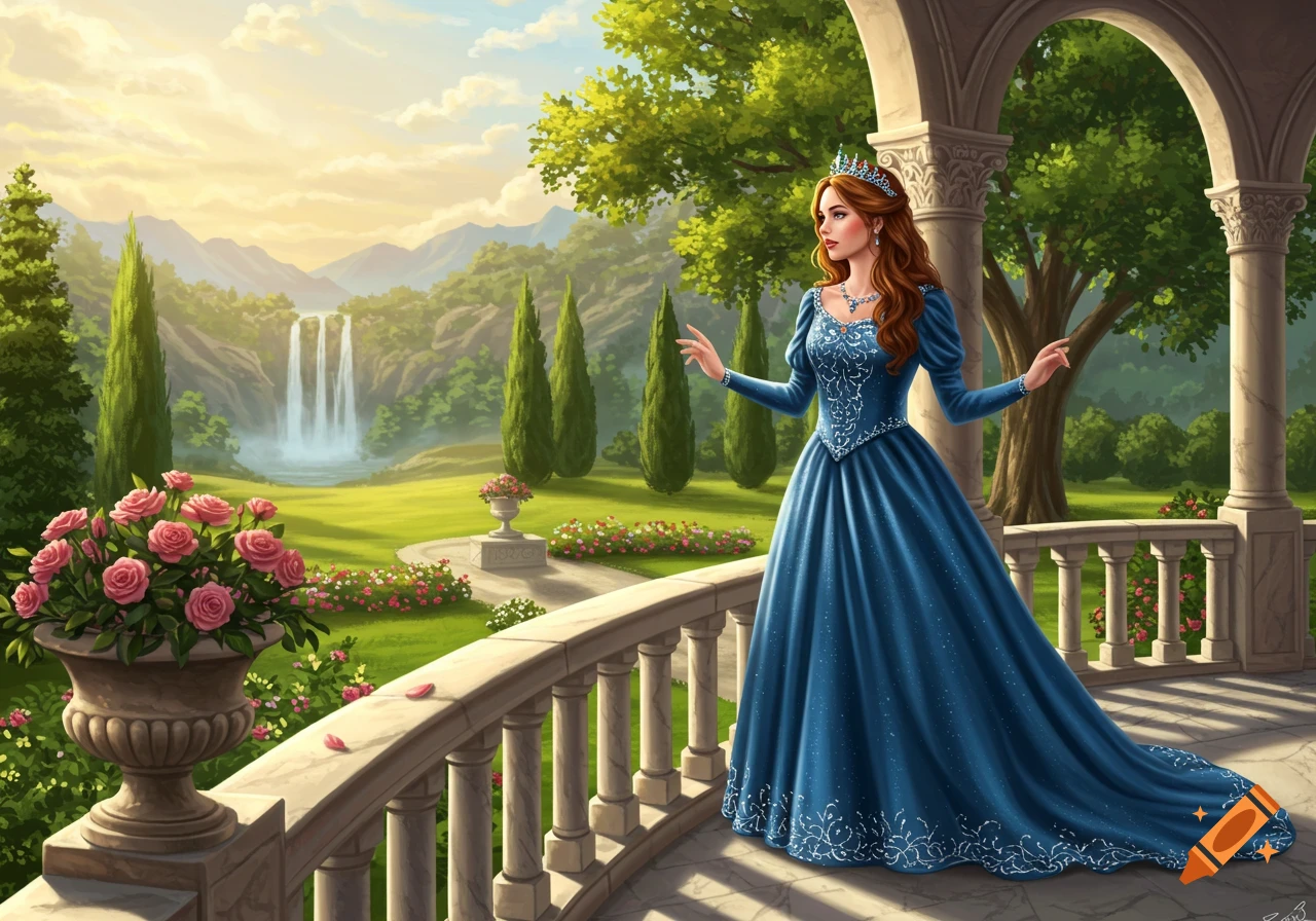 A princess in a blue gown stands on a balcony overlooking a lush fantasy garden with a waterfall.