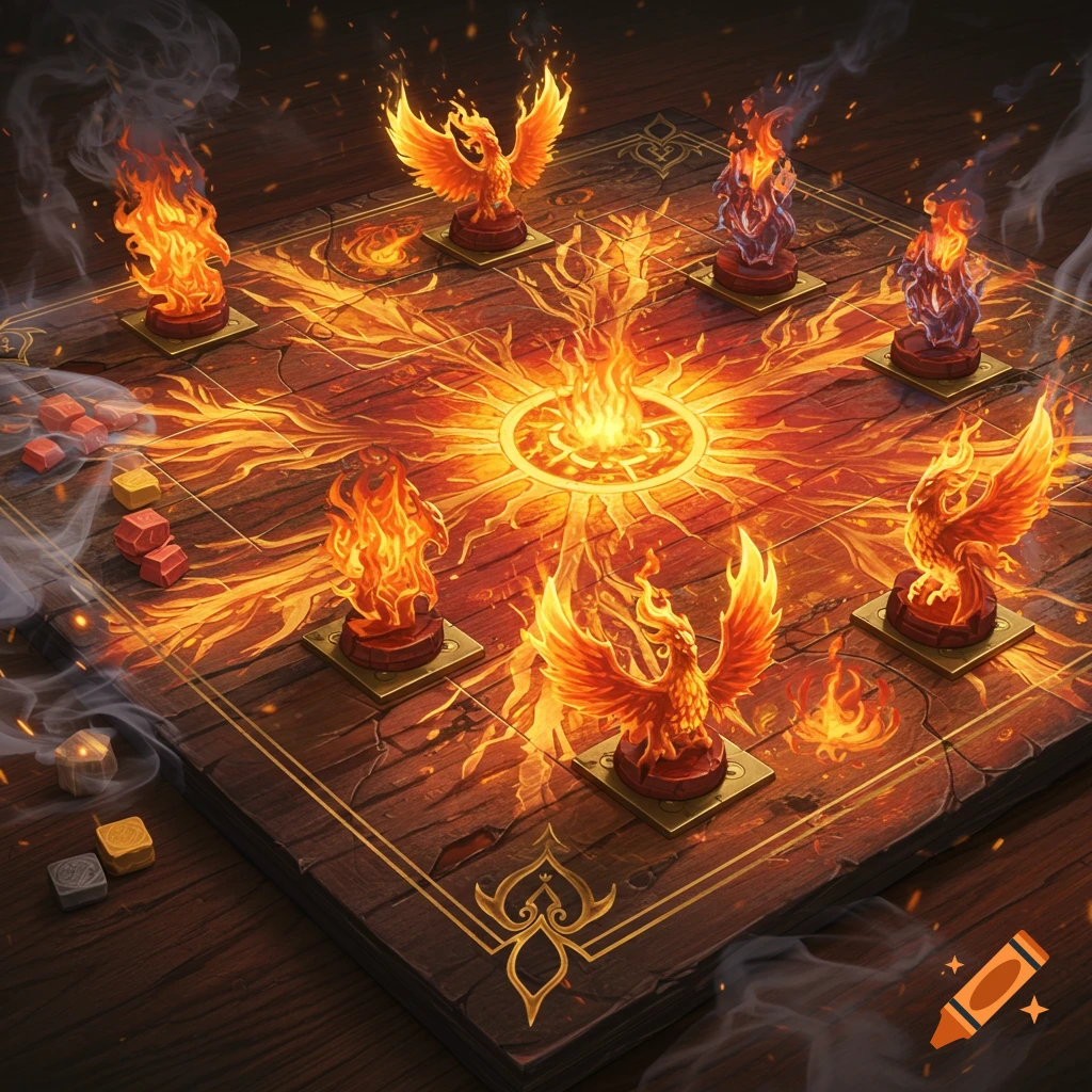 A detailed, top-down view of a fantasy board game made of dark wood with glowing fiery paths and phoenix-shaped game pieces engulfed in flames.