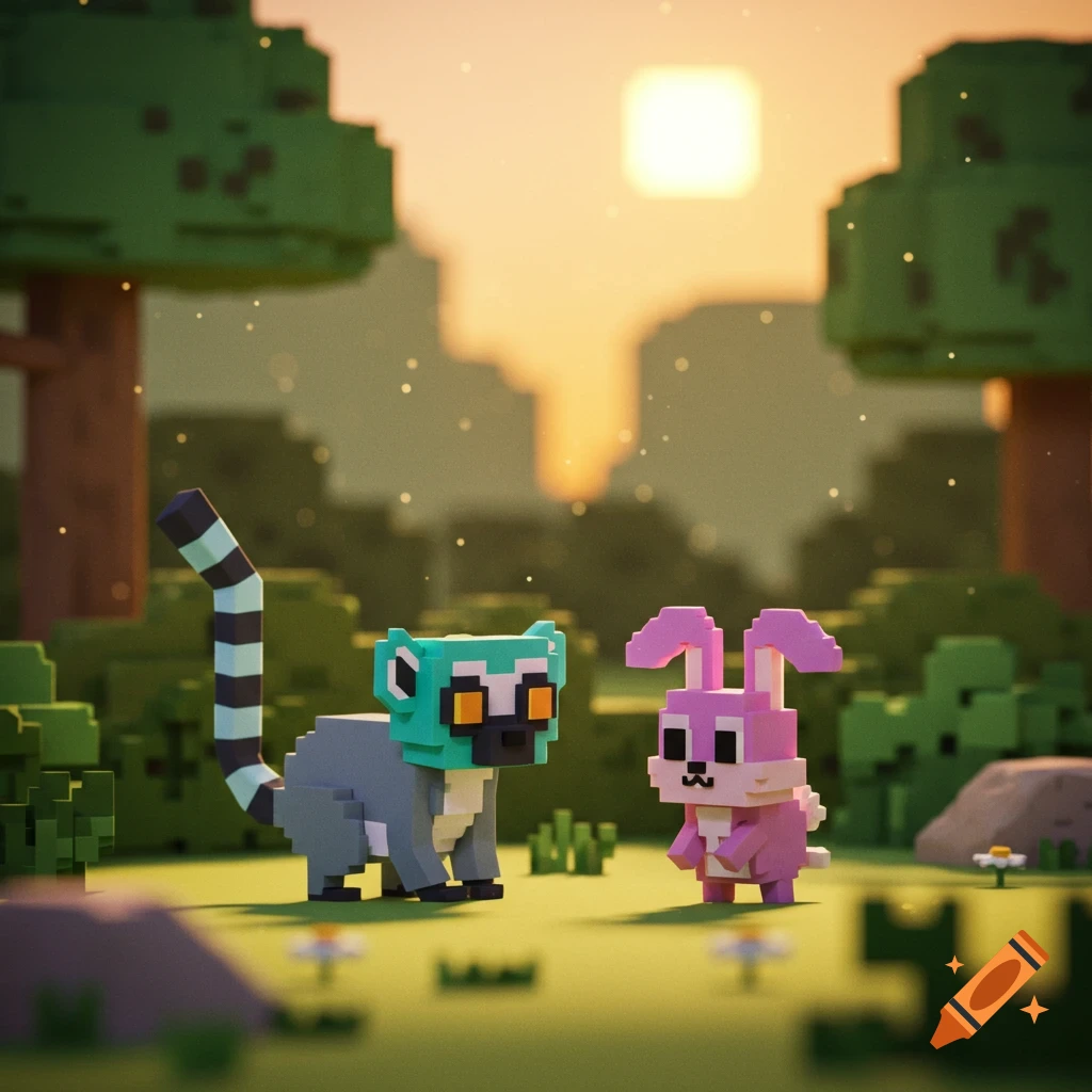 A pixelated lemur and a pink rabbit stand facing each other in a grassy forest clearing at sunset, rendered in a voxel art style.