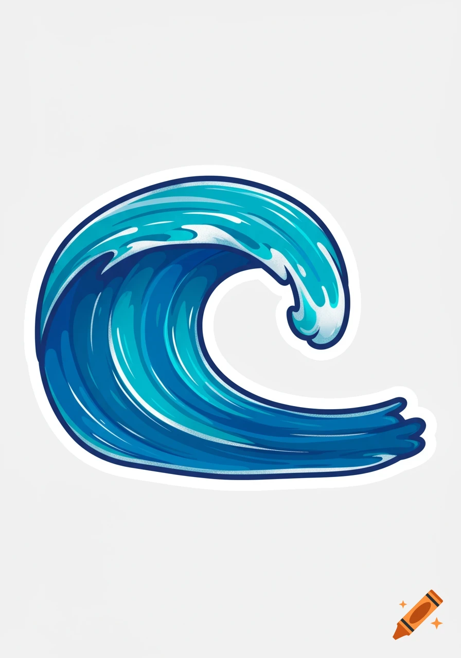 Stylized blue ocean wave with white foam, outlined in dark blue, on a light background.