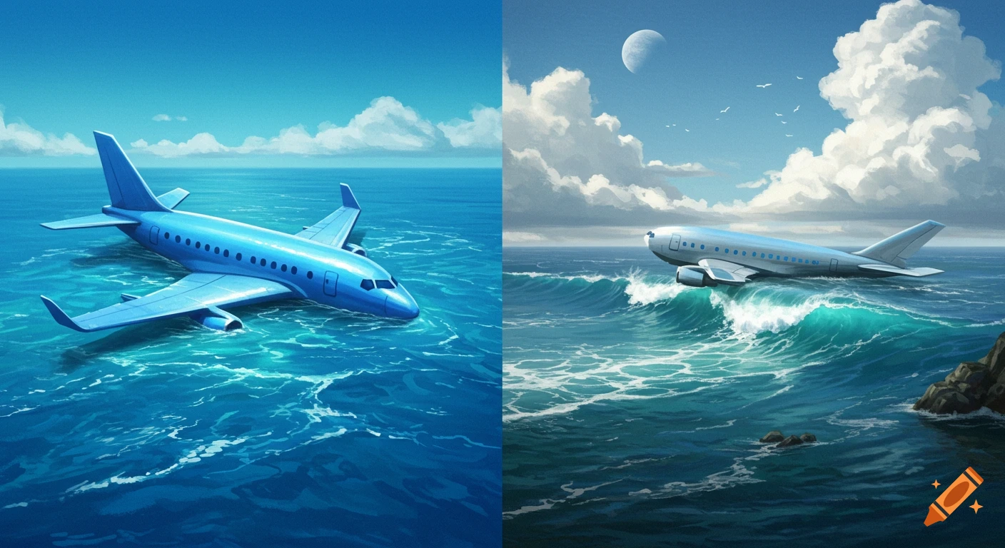 Two digital paintings side-by-side. Left shows a blue airplane partially submerged in calm blue water. Right shows a white airplane amidst rough teal ocean waves under a crescent moon and clouds.