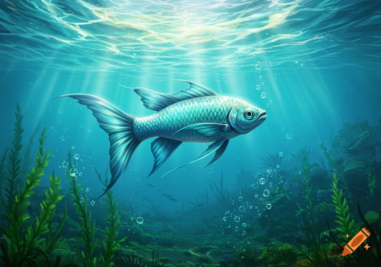 A vibrant turquoise fish swims gracefully in clear blue water with sun rays and green aquatic plants.