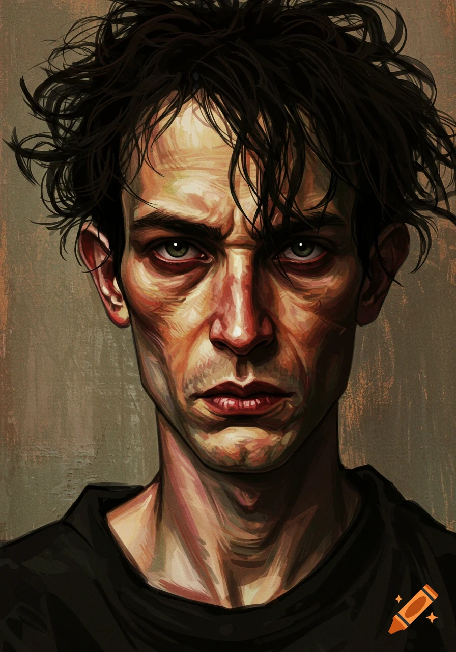 Gaunt, androgynous person with messy dark hair and an intense stare, in an expressionist painting style.