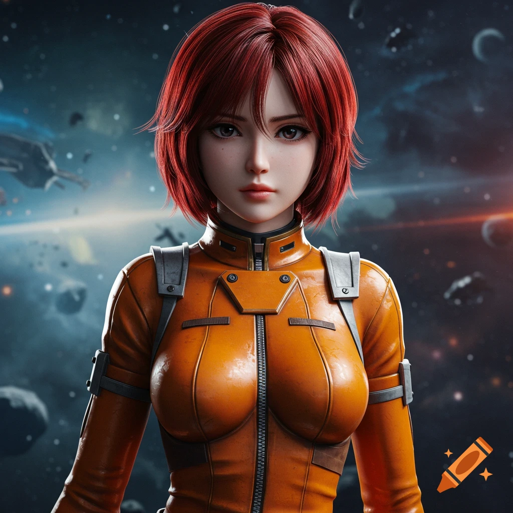 A realistic anime-style female character with short auburn hair in a futuristic orange space uniform, set against a detailed cosmic background with spaceships.