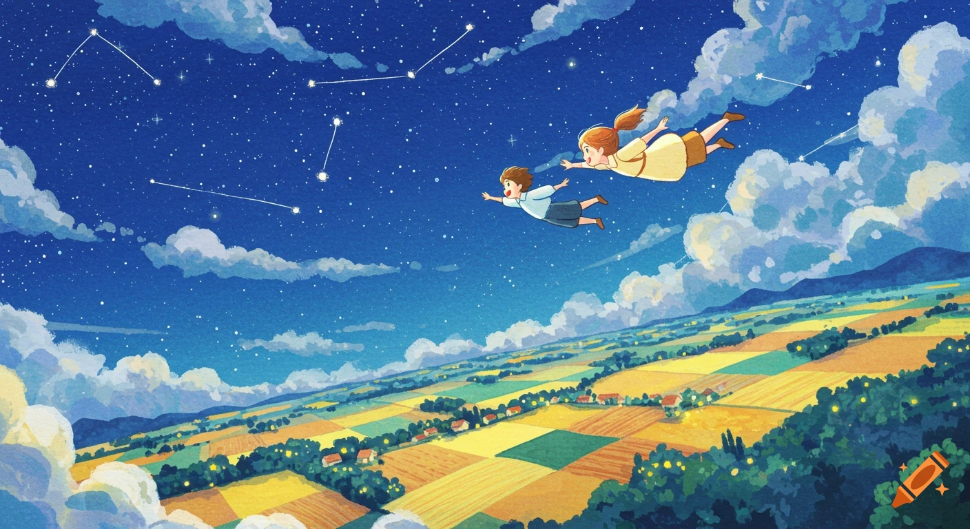A boy and a girl fly through a bright, star-filled night sky, looking down at a watercolor landscape of fields and villages.
