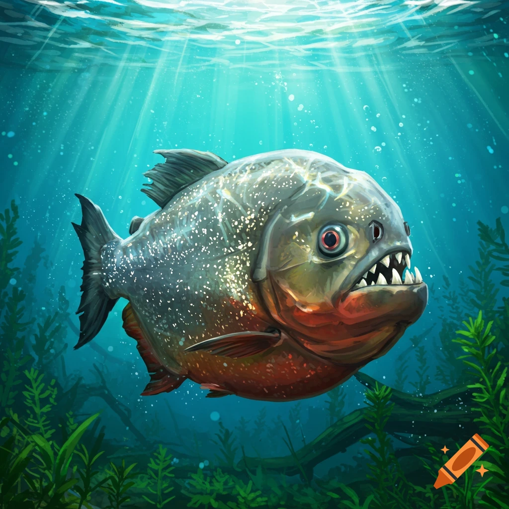 A stylized illustration of a menacing piranha swimming underwater with light rays and aquatic plants.