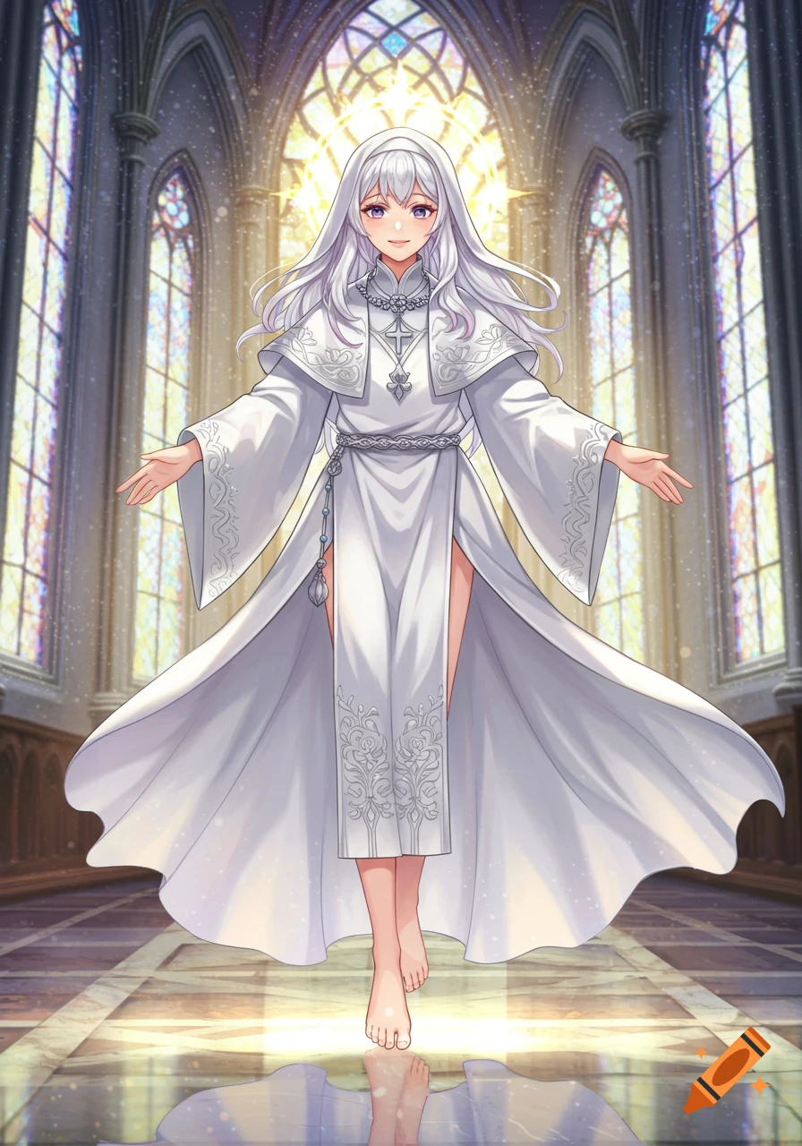 An anime character with long white hair in a flowing white robe stands barefoot in a bright church with stained glass windows.
