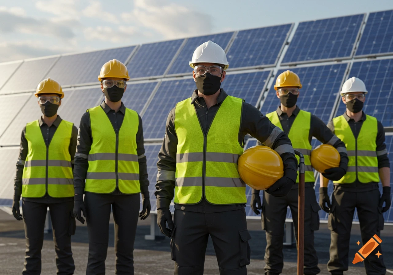 Five photorealistic workers in safety vests, hard hats, and masks stand in front of solar panels.