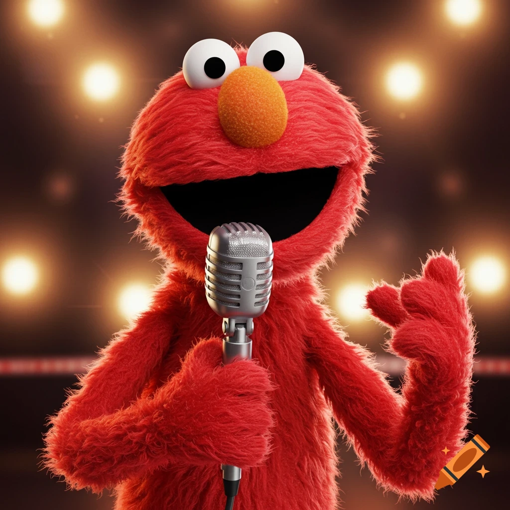 Photorealistic Elmo, red fur, holding a silver microphone on a stage with bright spotlights.