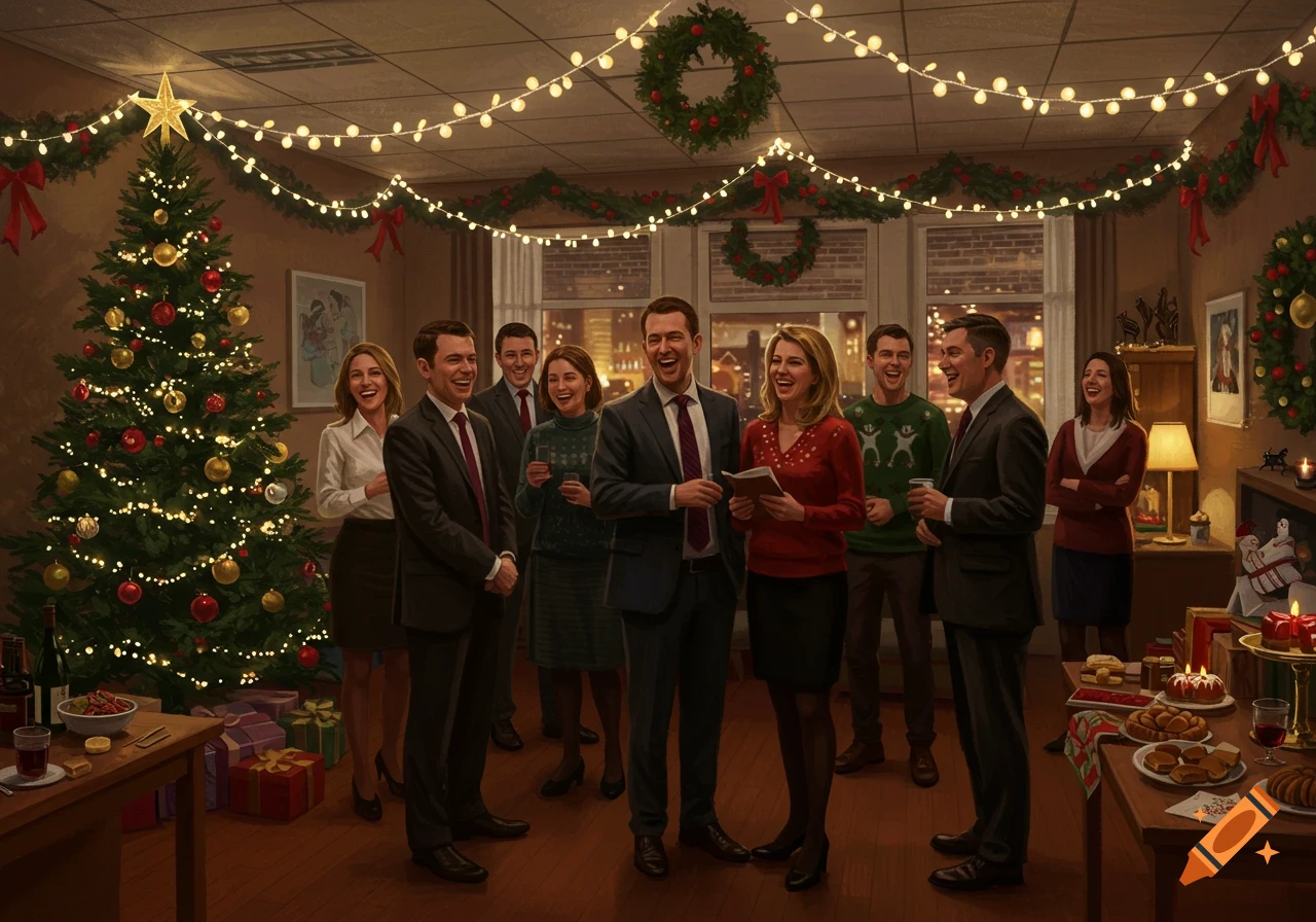 An office Christmas party with smiling colleagues gathered around a decorated tree and tables laden with festive food, amidst warm string lights.