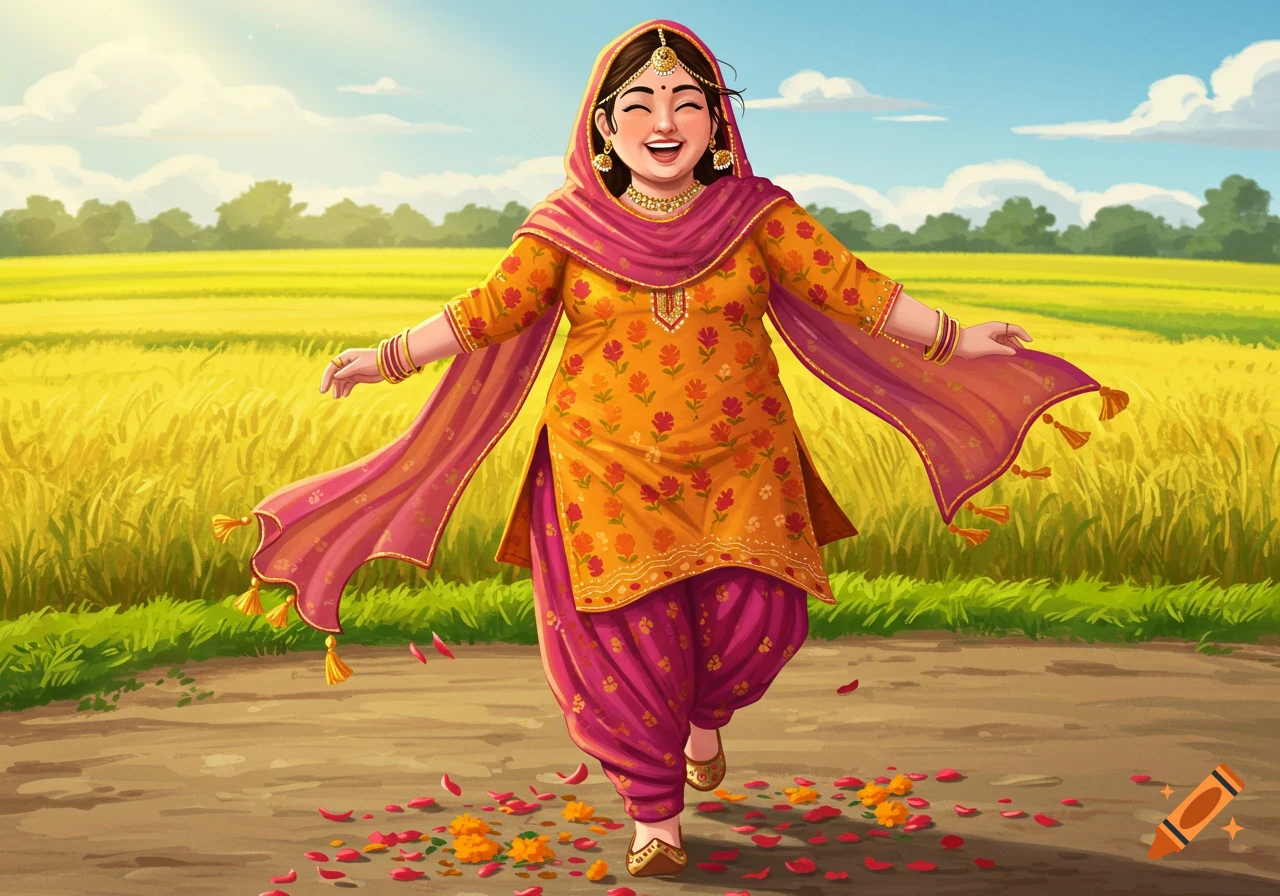 A happy cartoon woman in a yellow and pink Punjabi suit runs on a path through golden fields, petals scattering around her.