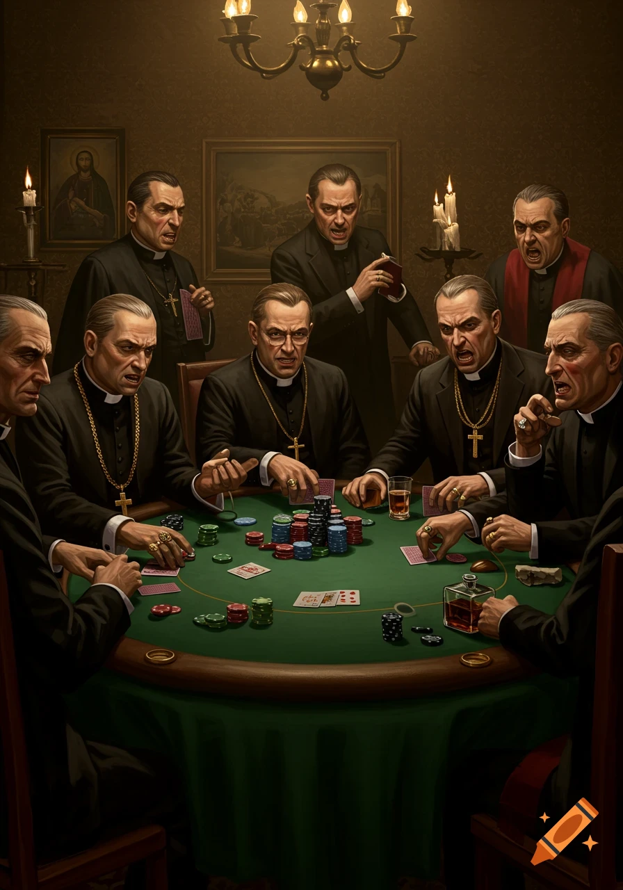 An intense oil painting style image of several stern-faced men dressed as priests playing poker around a green table in a dimly lit room.