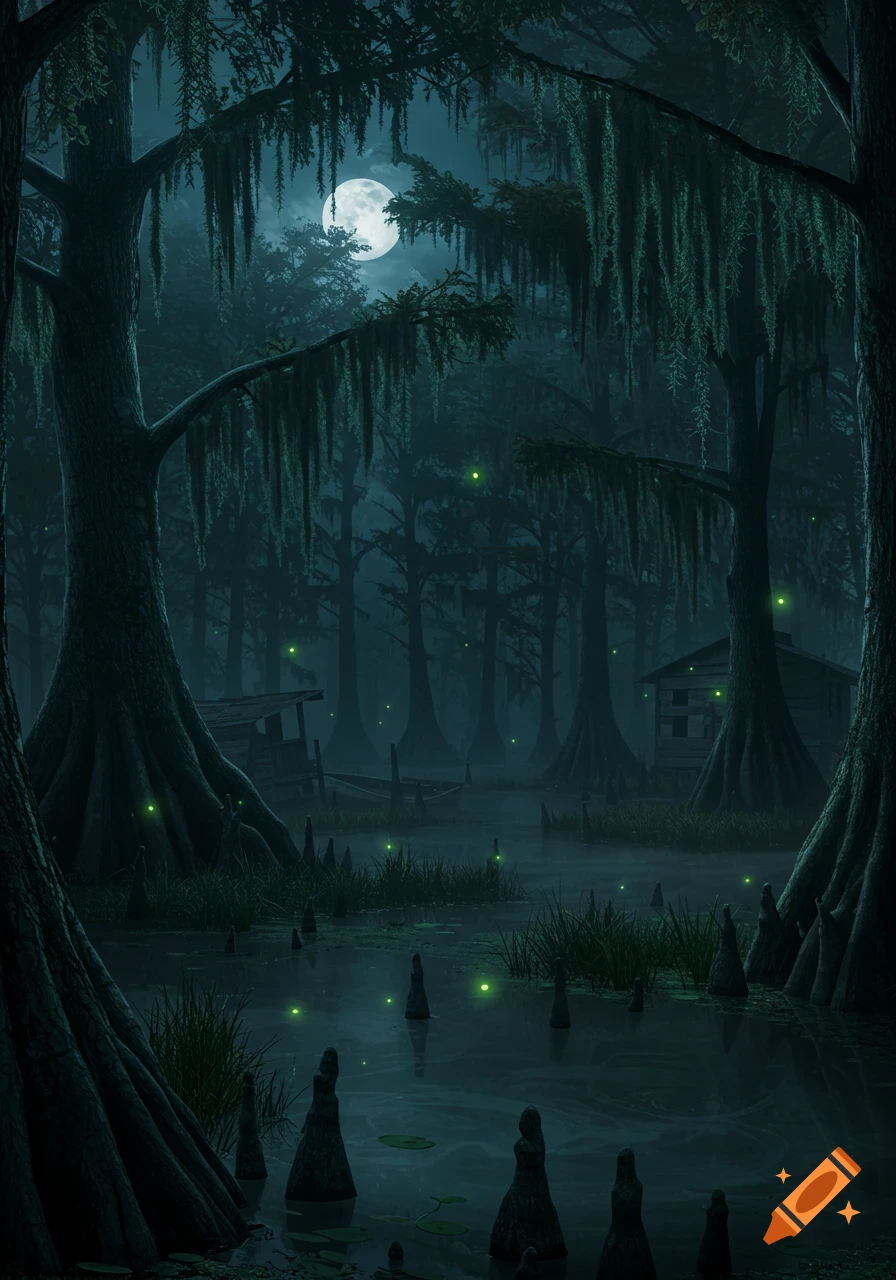 A moonlit swamp at night with twisted cypress trees, Spanish moss, bioluminescent insects, misty waters, and decaying shacks.