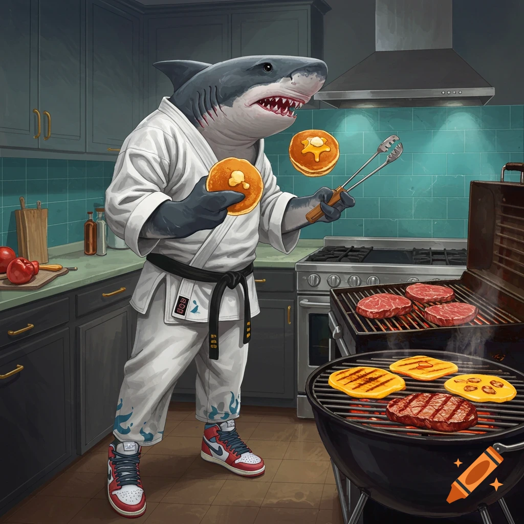 An anthropomorphic shark in a white karate gi and sneakers cooks steak and pancakes on a grill in a kitchen, holding a pancake and tongs.
