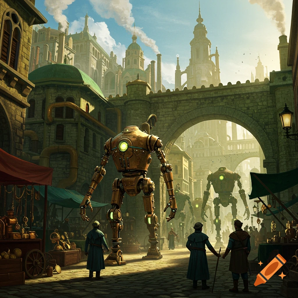 Detailed illustration of a steampunk city with towering robots walking among people and market stalls.