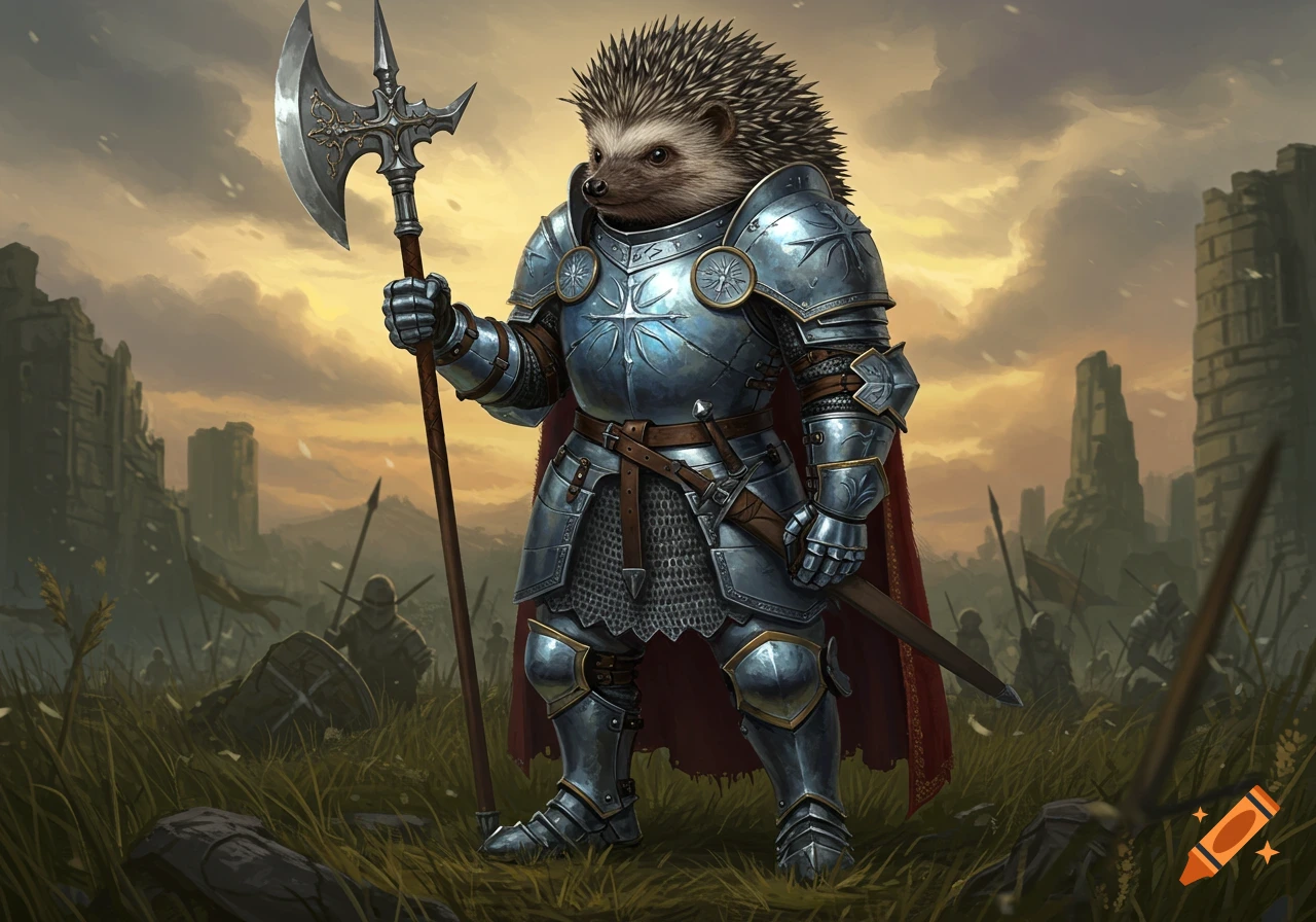 A giant anthropomorphic hedgehog paladin in shiny armor holds a halberd on a grassy, war-torn battlefield at sunset, in a detailed medieval illustration.