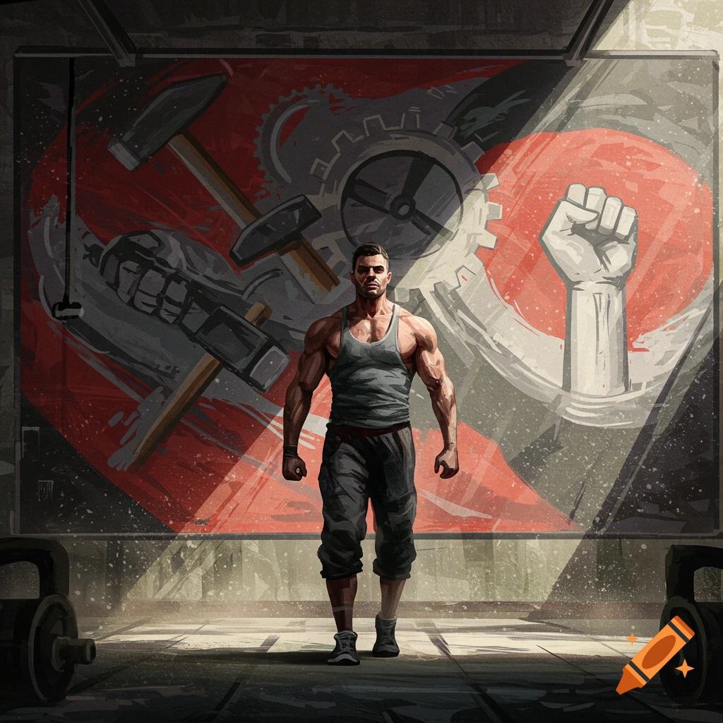 Muscular man in a tank top in a gym, before a propaganda mural with hammer, sickle, gear, and raised fist, digital art.