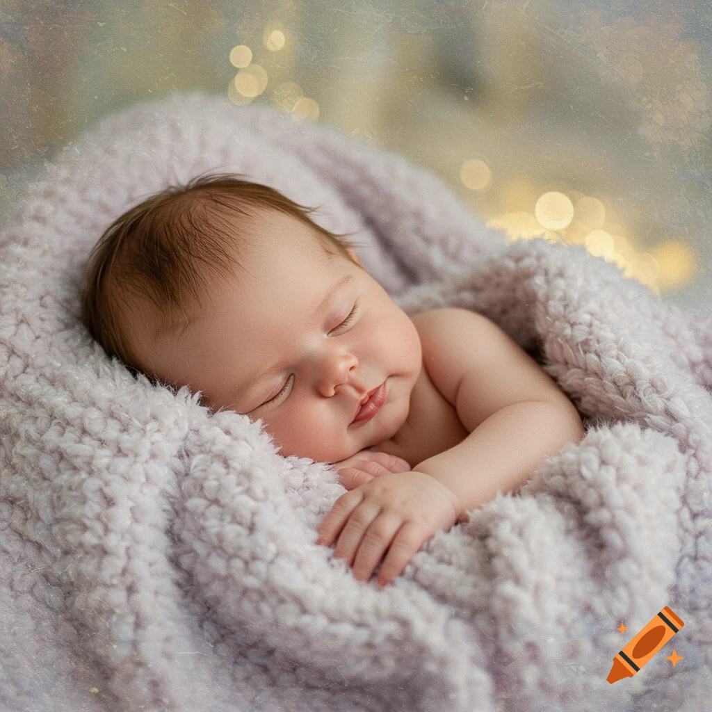 A serene baby sleeps peacefully, swaddled in a soft pink blanket, with gentle bokeh lights in the background.