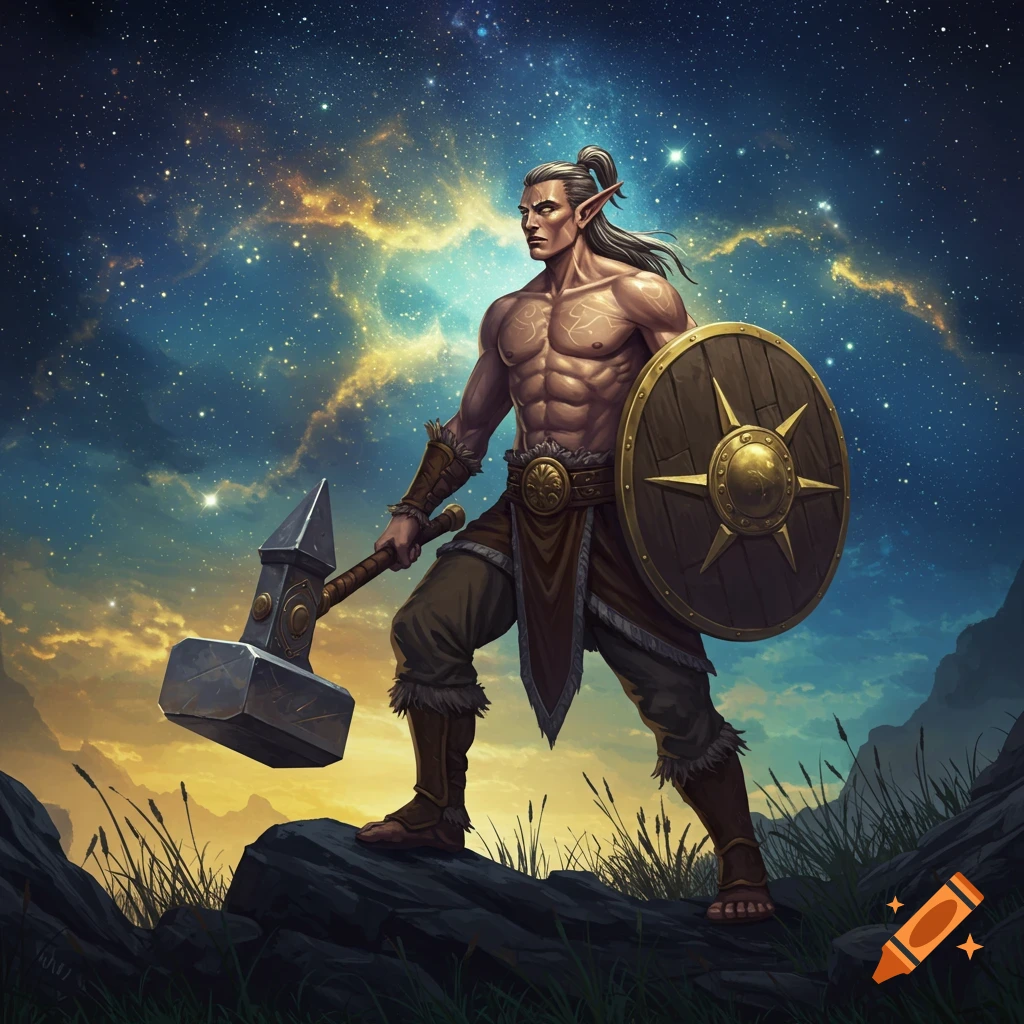 Muscular male elf barbarian with a warhammer and shield stands on a rock against a vibrant cosmic starry sky.