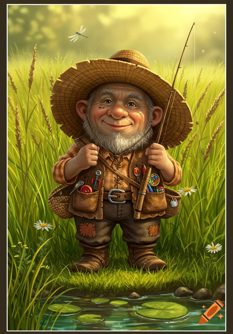 A whimsical illustration of a smiling gnome in a straw hat holding a fishing rod, standing in tall grass next to a stream.
