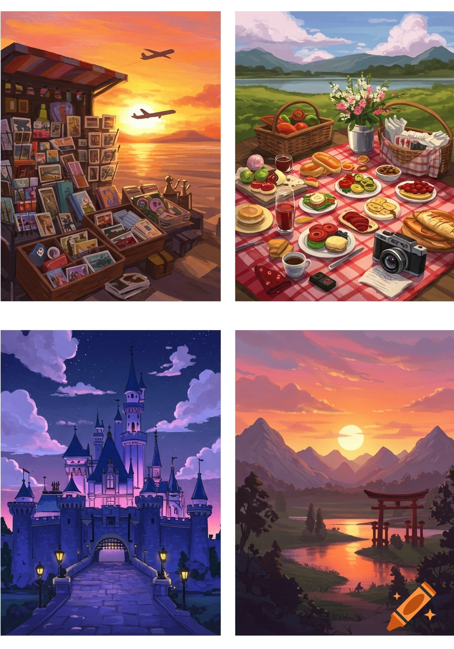Four colorful cartoon-style illustrations related to travel. One shows a souvenir stand at sunset by the ocean with airplanes. Another shows a picnic spread by a lake with mountains. A third features a fantasy castle at night. The fourth shows a torii gate by a river at sunset.